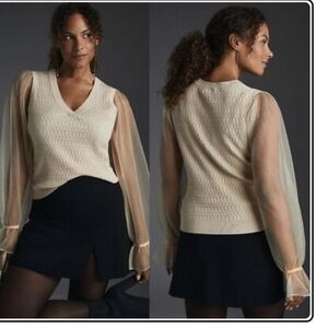 Anthropologie Maeve Cream Knit Sweater Vest Top with Boho Sheer Sleeves
